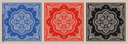 Three ornate symmetrical patterns in blue, red, and black, featuring intricate floral and geometric motifs, suitable for decorative backgrounds or textile designs.
