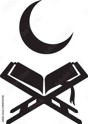 Islamic crescent moon and open holy Quran on rehal, a symbol of faith and devotion