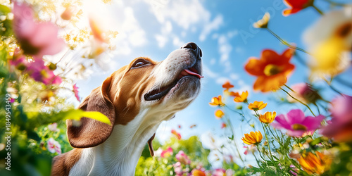 Fototapeta Naklejka Na Ścianę i Meble -  Cute Beagle Dog Looking Up in Colorful Flower Field Under Blue Sky