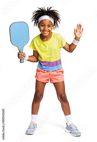 Cheerful child smiling and holding pickleball racket on isolated background