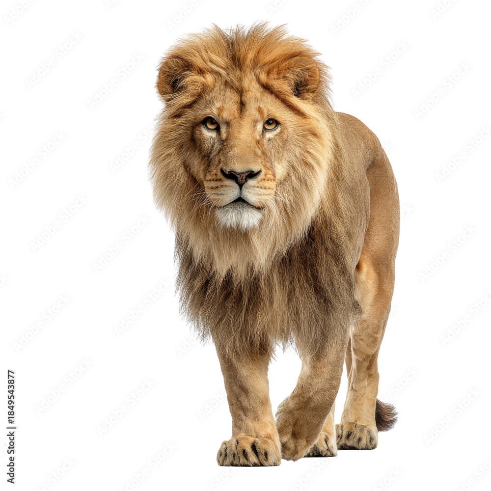 Obraz premium Male lion walking isolated on transparent background. Powerful wild animal for wildlife education, nature conservation, safari concept, animal illustration, and dramatic design projects.