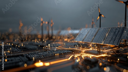 Renewable Energy Network: A vibrant network of wind turbines and solar panels illuminate the horizon, representing the power of sustainable energy and the innovation of green technology.