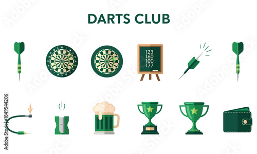 Greenthemed flat illustration set of darts club equipment and accessories