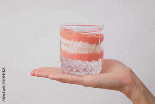 Hand holding dentures in glass on white background