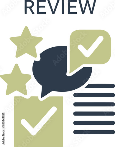 Customer review with stars, checkmarks, and speech bubbles