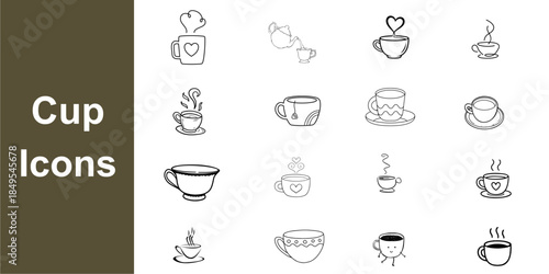 Set of 16 Tea Cup and Coffee Mug Line Icons for Kitchen Branding and Menus