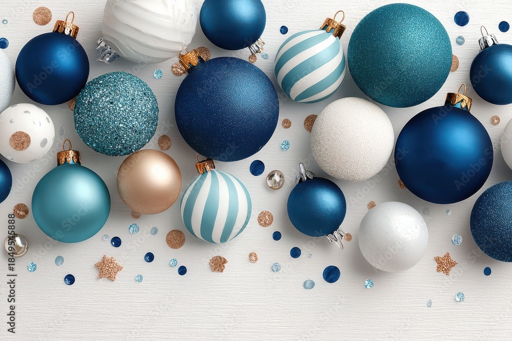 Naklejka premium Blue and silver Christmas ornaments scattered on a white background for festive holiday décor and celebration