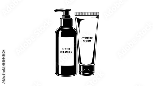 Schilderij op canvas Gentle cleanser and hydrating cream bottles.