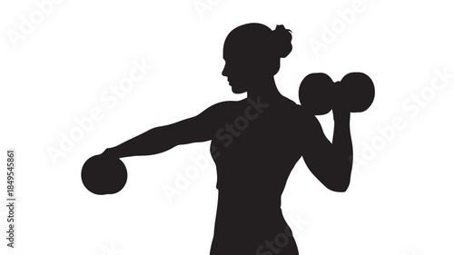 Woman Exercising Silhouette in Fitness Pose with Dumbbells in Simple Black Silhouette on White Background for Health and Wellness