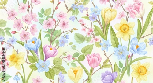 Wallpaper Mural Seamless pattern of pastel spring flowers and branches on light background. Torontodigital.ca