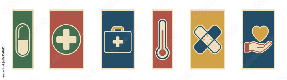 Fototapeta premium Set of six retro medical icons featuring a pill, cross, first aid kit, thermometer, bandages, and a hand holding a heart, illustrating various healthcare themes