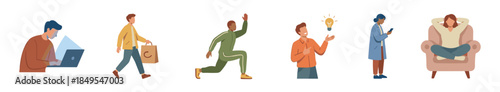 Diverse set of illustrated people characters engaged in daily activities like working, shopping, exercising, thinking, and relaxing in a modern flat vector style