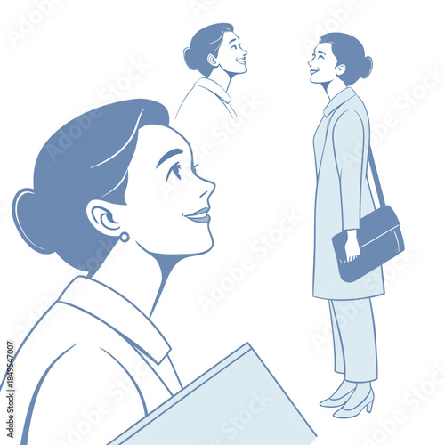 Daydreaming in Blue: A woman, lost in thoughtful reverie, looks upward with a serene smile. Set against a minimalist backdrop, the image evokes introspection and quiet contemplation.