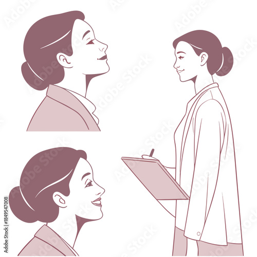 Elegant Professional Woman in Illustrations: A series of illustrations capturing the grace and sophistication of a professional woman. She's depicted in various poses, showcasing poise and confidence.