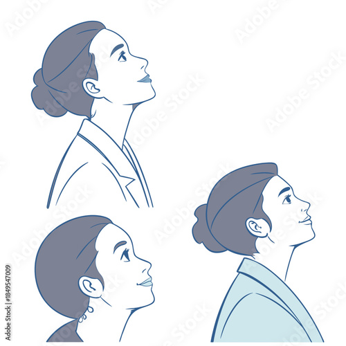 Daydreamer's gaze: A compilation of women gazing upwards, captured with a blend of sophistication and a touch of reverie, portraying a sense of introspection and hope.