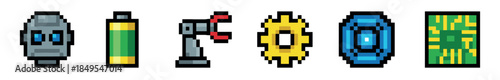 Set of pixel art sci-fi items for a video game, including a robot, battery, shield, microchip, and mechanical arm in a retro 8-bit style illustration