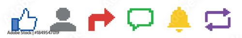 Colorful set of social media pixel art icons featuring a like, profile, share, comment, notification, and repost symbol in a classic 8-bit retro video game style