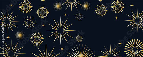 New Year 2026 on dark golden and colorful background with fireworks. Celebration New Year's Eve. Golden firework on dark night sky Holiday. Firework congratulations background. 