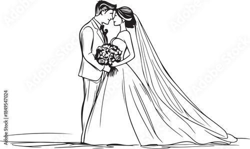 A vintage black outline drawing of a bride and groom in a silhouette art style featuring a lady in a fashion wedding dress holding a bouquet as a creative vector illustration