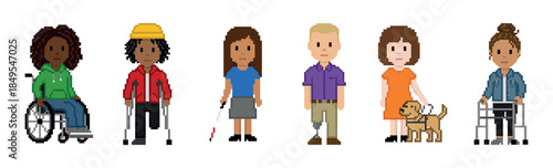 Diverse group of pixel art characters with disabilities, including a wheelchair user, amputee, and visually impaired people with a cane and guide dog, representing inclusion