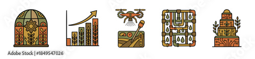 Set of five agricultural technology icons showing smart farming concepts like drones, irrigation, growth charts, and automated greenhouses in a colorful line art illustration style