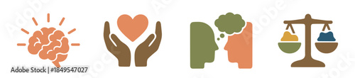 Set of four colorful flat icons representing mental health, empathy, communication, and justice in a minimalist vector illustration style for psychological and ethical concepts