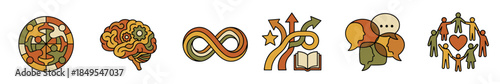 Set of neurodiversity and inclusion icons representing concepts like community, mental health, communication, and different learning styles in a colorful line art illustration