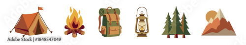 Six colorful vector icons for camping and hiking adventures featuring a tent, campfire, backpack, lantern, pine trees, and mountains in a flat, modern illustration style