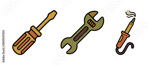 Colorful set of three hand tools including a screwdriver, adjustable wrench, and a hot soldering iron with smoke, illustrated in a simple cartoon line art style for repair concepts
