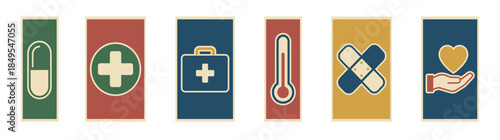 Set of six retro medical icons featuring a pill, cross, first aid kit, thermometer, bandages, and a hand holding a heart, illustrating various healthcare themes