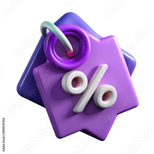 3d Purple discount tag with percent symbol isolated isolated on transparent background