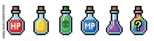 Pixel art video game potion bottles set with different colors and labels for health, mana, and poison, representing items and assets in a retro 8-bit or 16-bit RPG style