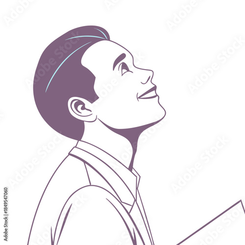 Visionary Gaze: Illustration of a man looks upward with a serene smile. This artwork portrays an individual lost in thought and contemplation.