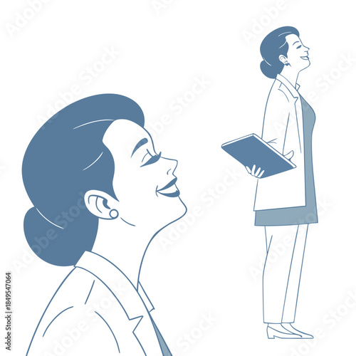 Woman in Contemplation: An elegant woman, her gaze lifted upward, radiates serenity and mindfulness. The serene image evokes a sense of introspection and inner peace.