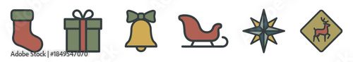 Set of six Christmas holiday icons featuring a stocking, gift box, jingle bell, sleigh, star, and reindeer sign in a simple, colorful line art style for festive winter celebrations