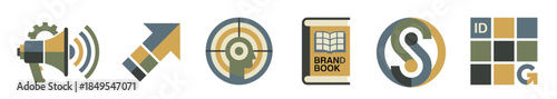 Set of flat design branding icons representing marketing, target audience, brand book, and corporate identity in a muted color palette for business strategy and communication