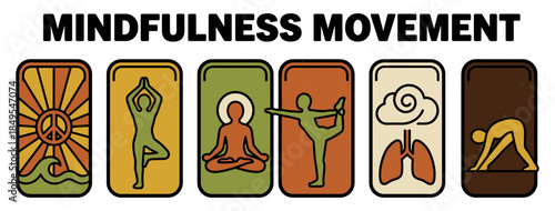 Set of six retro mindfulness icons showing yoga poses, meditation, breathing, and peace symbols in a vintage earth tone color palette with bold outlines and a textured effect