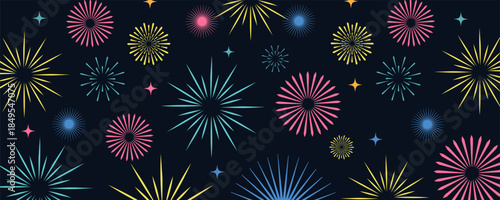 New Year 2026 on dark golden and colorful background with fireworks. Celebration New Year's Eve. Golden firework on dark night sky Holiday. Firework congratulations background. 