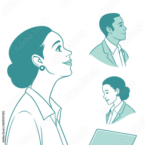 Looking Ahead: Illustration of individuals, each gazing towards a brighter future, encapsulates ambition and introspection. This artwork highlights contemplation and anticipation.