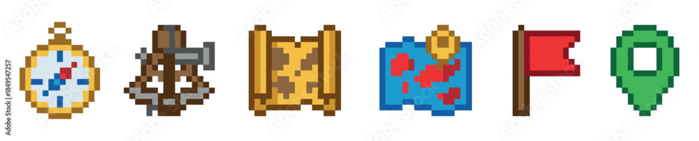 Obraz premium Pixel art adventure and navigation icons set showing a compass, ship wheel, scroll, treasure map, flag, and location pin for a retro video game interface or quest design