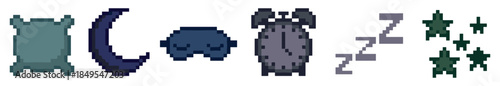 Collection of pixel art sleep-themed sprites featuring a bed, crescent moon, alarm clock, and stars in a classic 8-bit retro video game design