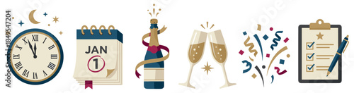 Festive collection of New Year's Eve vector icons featuring a clock at midnight, a calendar, champagne bottle, toasting glasses, confetti, and a resolution checklist