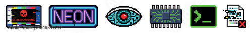 Collection of colorful pixel art cyberpunk icons including a glitch screen with a skull, a glowing neon sign, a cybernetic eye, a CPU, a command line, and a corrupted file