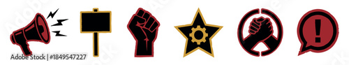 Set of red and black protest symbols including a raised fist, megaphone, placard, and star with a gear, representing activism, revolution, and social justice movements