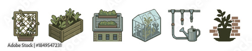 Set of six urban gardening icons featuring a plant trellis, raised wooden bed, rooftop garden, greenhouse, irrigation system, and a potted plant in a modern graphic style