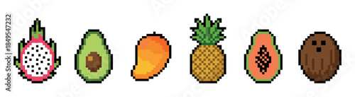Pixel art set of colorful tropical fruits including dragon fruit, avocado, mango, pineapple, papaya, and coconut in a retro 8-bit video game style illustration