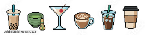 Pixel art collection of various drinks including bubble tea, matcha, a cocktail, cappuccino, iced coffee, and a takeaway cup, rendered in a retro 8-bit video game style