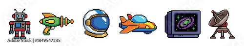 Set of pixel art science fiction icons featuring a robot, ray gun, astronaut helmet, spaceship, computer monitor, and satellite dish in a retro 8-bit video game style