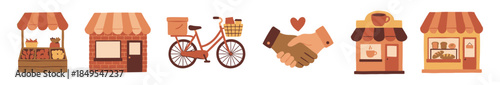 Set of hand-drawn local business illustrations featuring a market stall, coffee shop, bakery, delivery bicycle, and a handshake symbol for community support and partnership