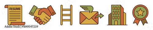 Set of six career and employment icons including a resume, handshake, ladder, email, office building, and award medal, rendered in a retro flat line art illustration style